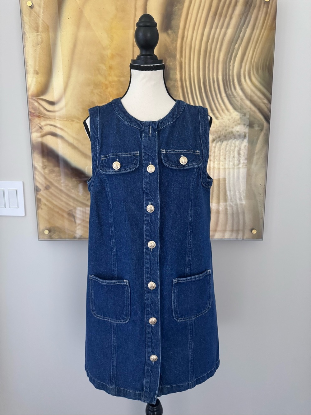 River Island Denim Button-Front Mini Dress Dark Wash Mod Style Size 6 - Picture 2 of 13